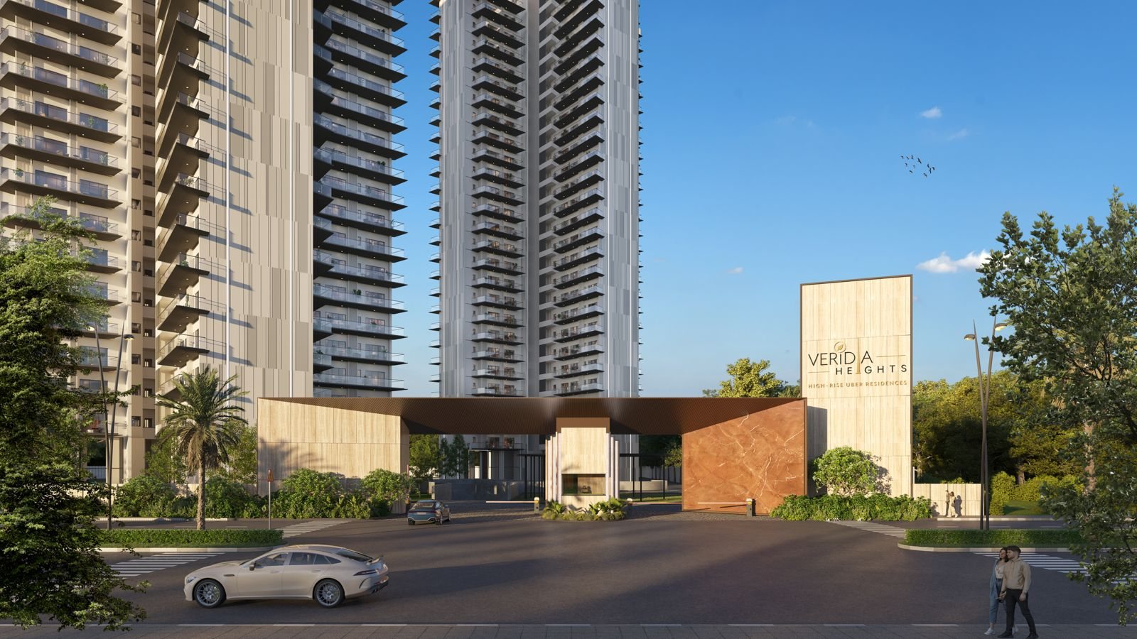 Veridia Heights entrance with towers