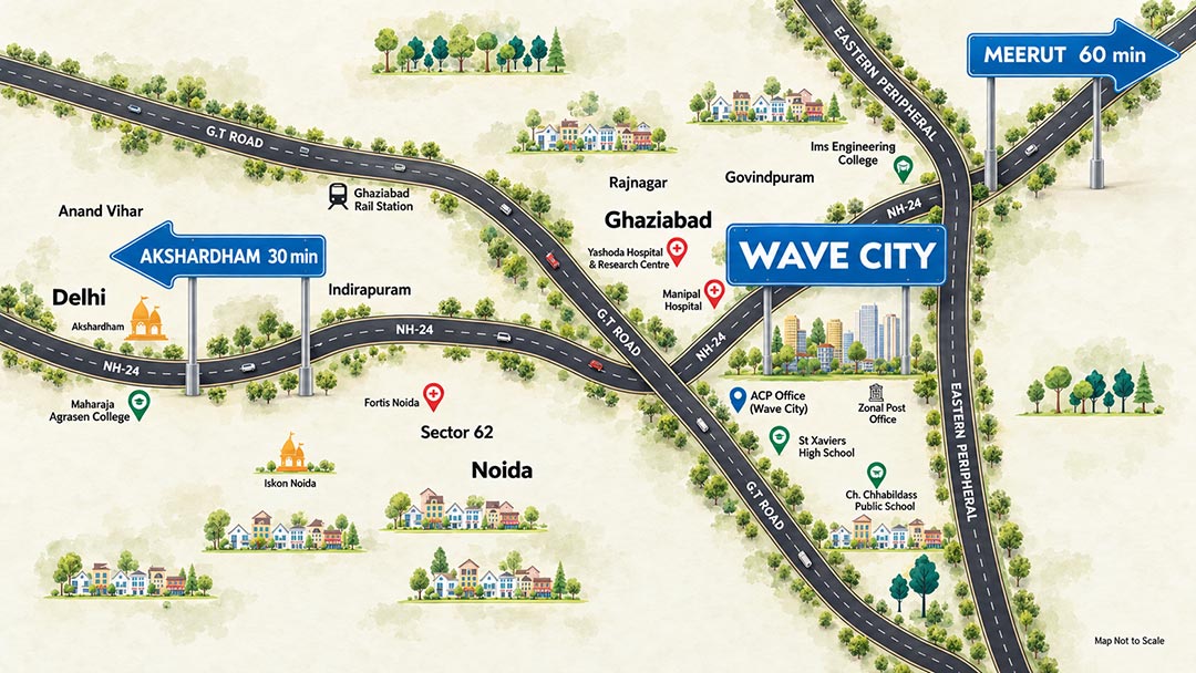 Wave City location map showing connectivity via NH-24, G.T. Road and Eastern Peripheral Expressway
