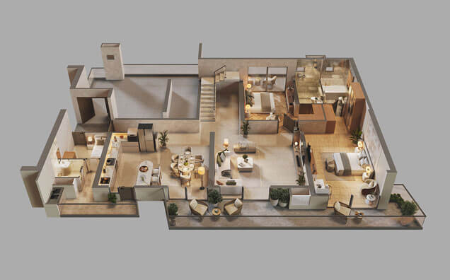 Type 02 - 4 BHK + S Duplex Lower Unit (3D)