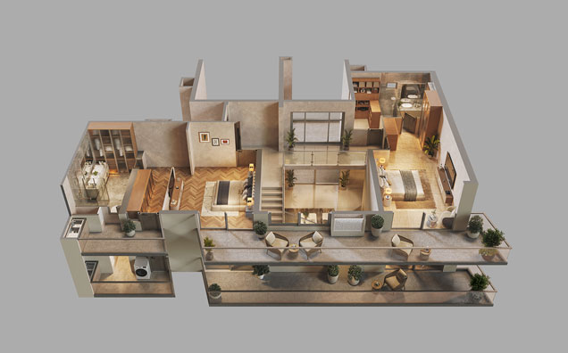 Type 05 - 3 BHK + S Duplex Upper Unit (3D)
